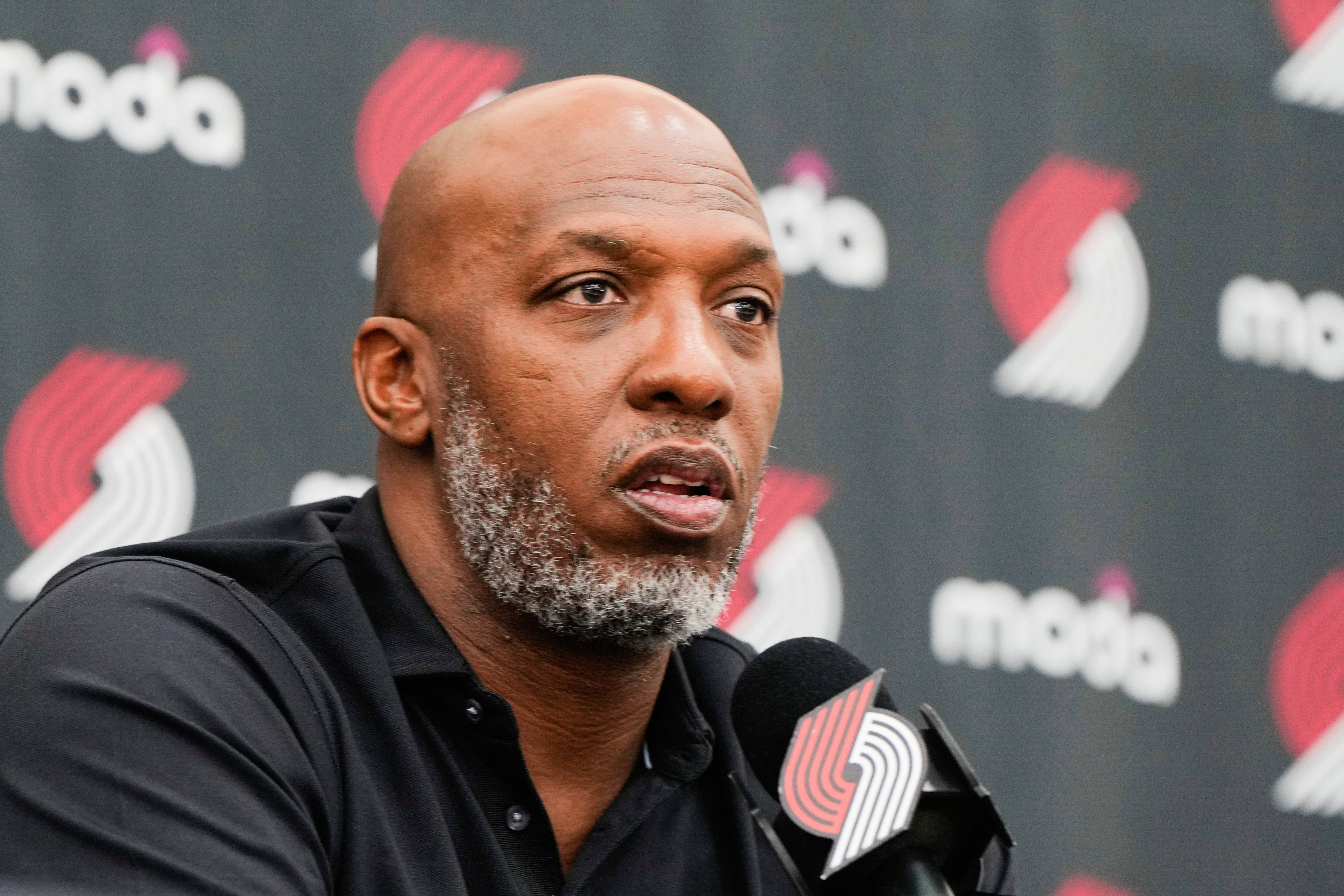 FILE - Portland Trail Blazers head coach Chauncey Billups speaks during an NBA basketball press conference, Friday, June 27, 2025, in Portland, Ore. 