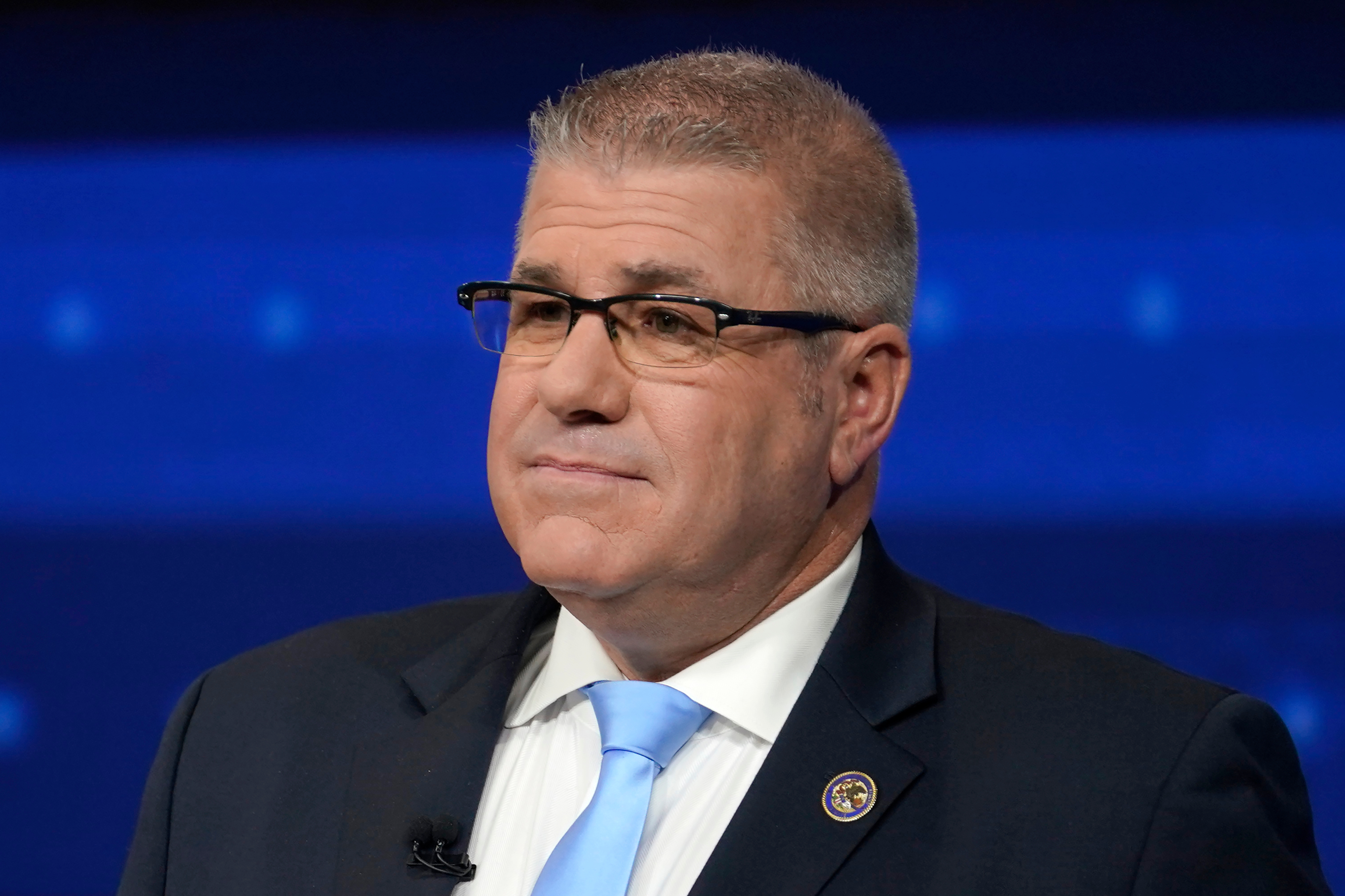 Illinois Republican gubernatorial challenger, state Sen. Darren Bailey, participates in a debate, on Oct. 18, 2022, in Chicago. Four members of his family were killed in a Montana helicopter crash, his campaign said Thursday.