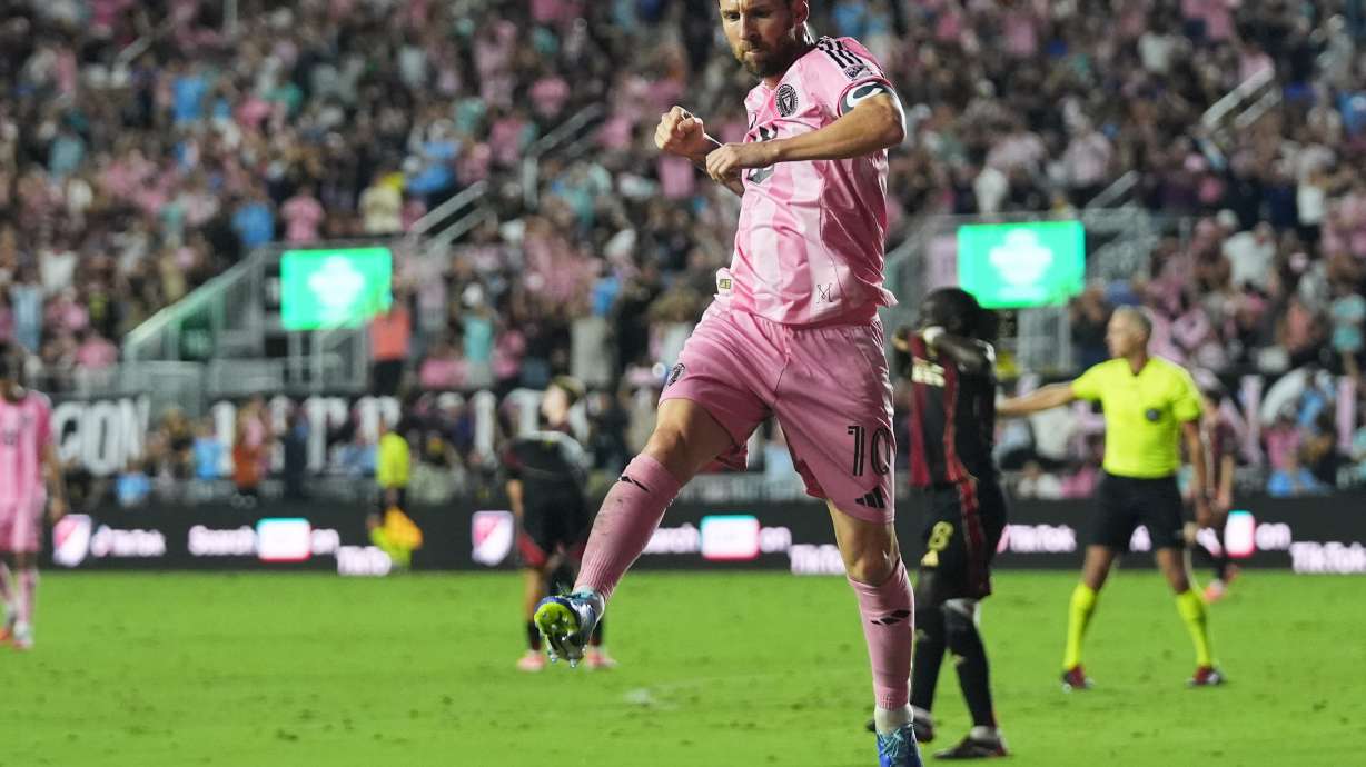 Inter Miami forward Lionel Messi reacts after scoring a goal during the first half of an MLS soccer match against Atlanta United, Saturday, Oct. 11, 2025, in Fort Lauderdale, Fla.