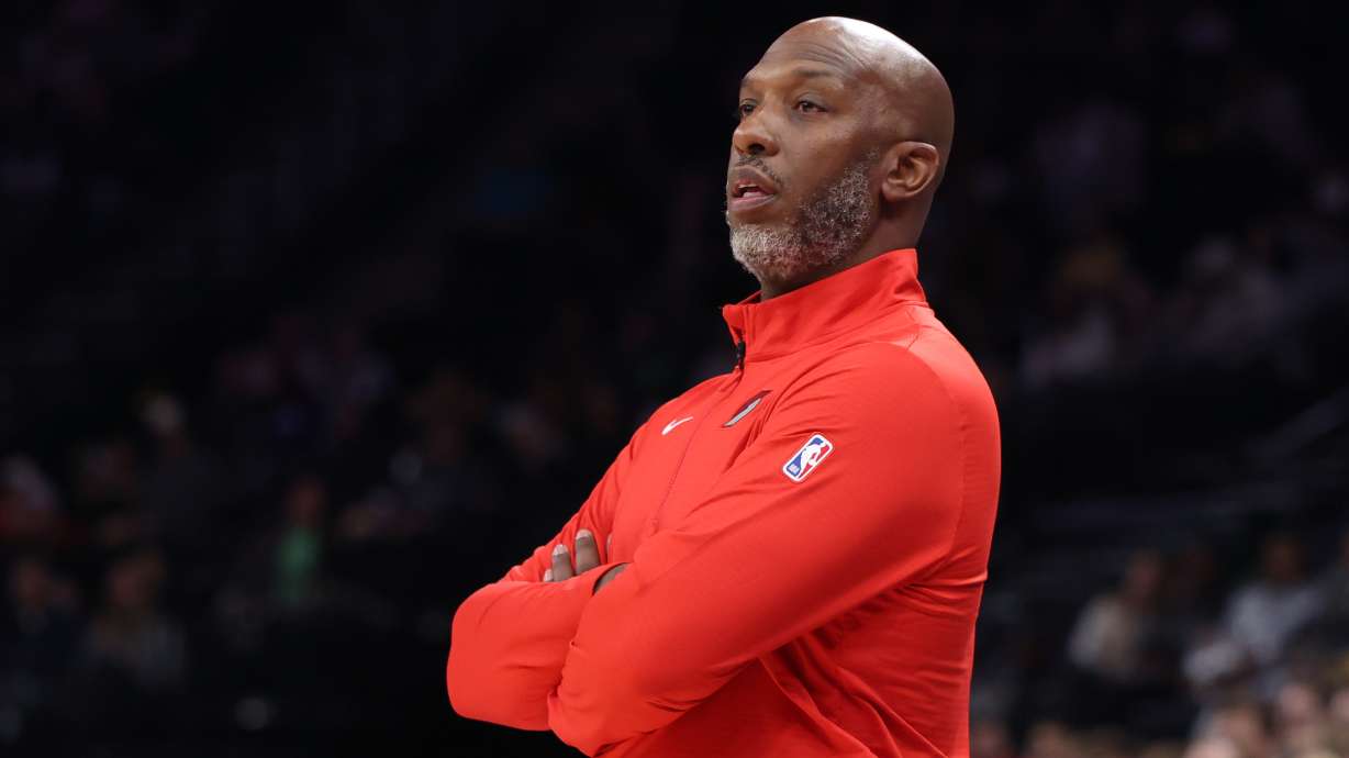 FILE - Portland Trail Blazers head coach Chauncey Billups looks on during the second half of a preseason NBA basketball game against the Utah Jazz, Thursday, Oct. 16, 2025, in Salt Lake City.