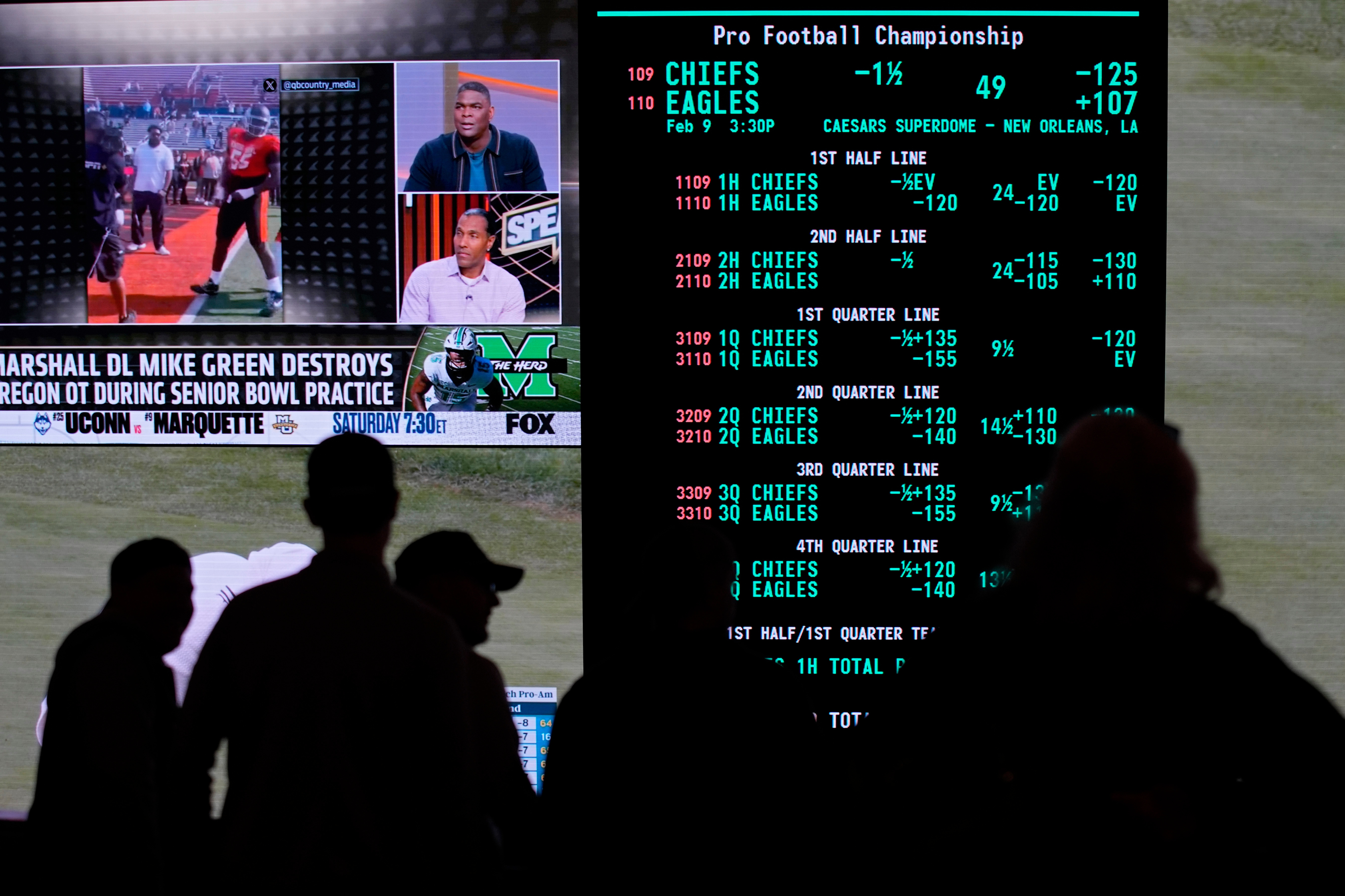 FILE - Betting odds for Super Bowl LIX are displayed on monitors at the Circa resort and casino sports book, Jan. 30, 2025, in Las Vegas.