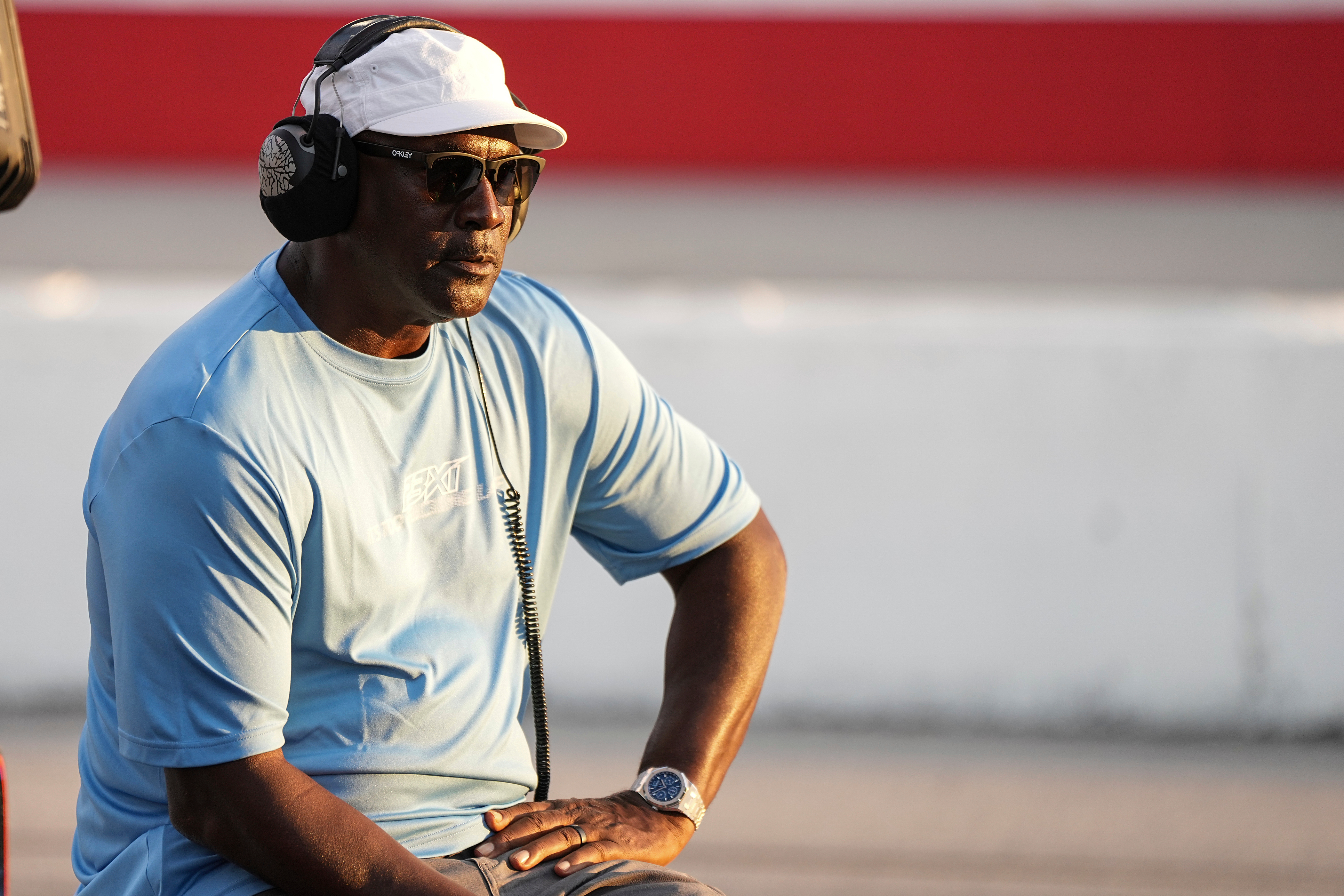 FILE - Team owner Michael Jordan looks on during a NASCAR Cup Series auto race at Darlington Raceway, Aug. 31, 2025, in Darlington, S.C.