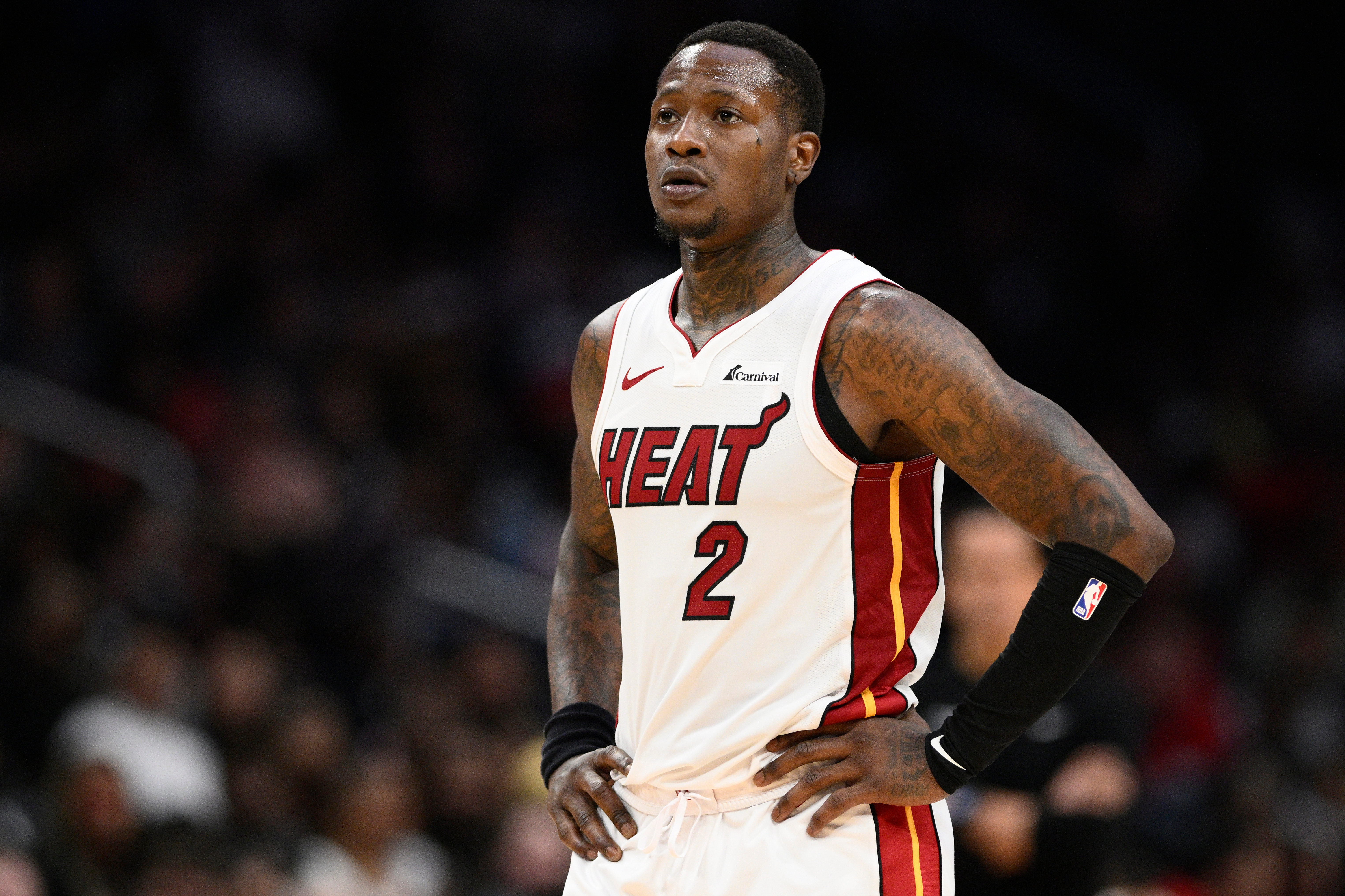 FILE - Miami Heat guard Terry Rozier (2) looks on during the second half of an NBA basketball game against the Washington Wizards, Sunday, March 31, 2024, in Washington. 