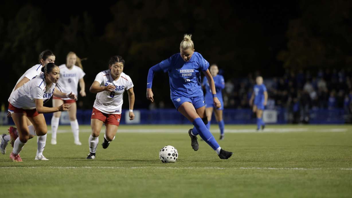BYU's Ellie Walbruch goes toward goal during a Big 12 women's soccer match, Thursday, Oct. 23, 2025 at South Field in Provo, Utah.