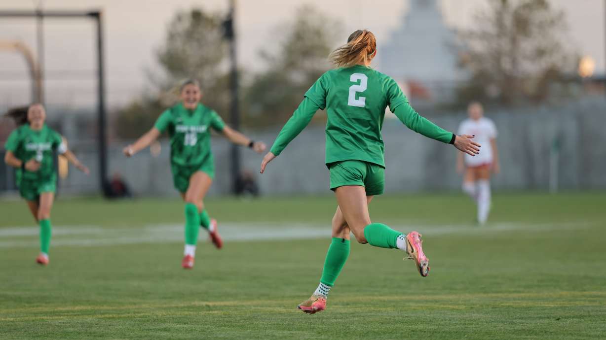 Faith Webber celebrates one of her school-record five goals during an 8-0 win over Southern Utah, Thursday, Oct. 23, 2025 at UCCU Stadium in Orem.