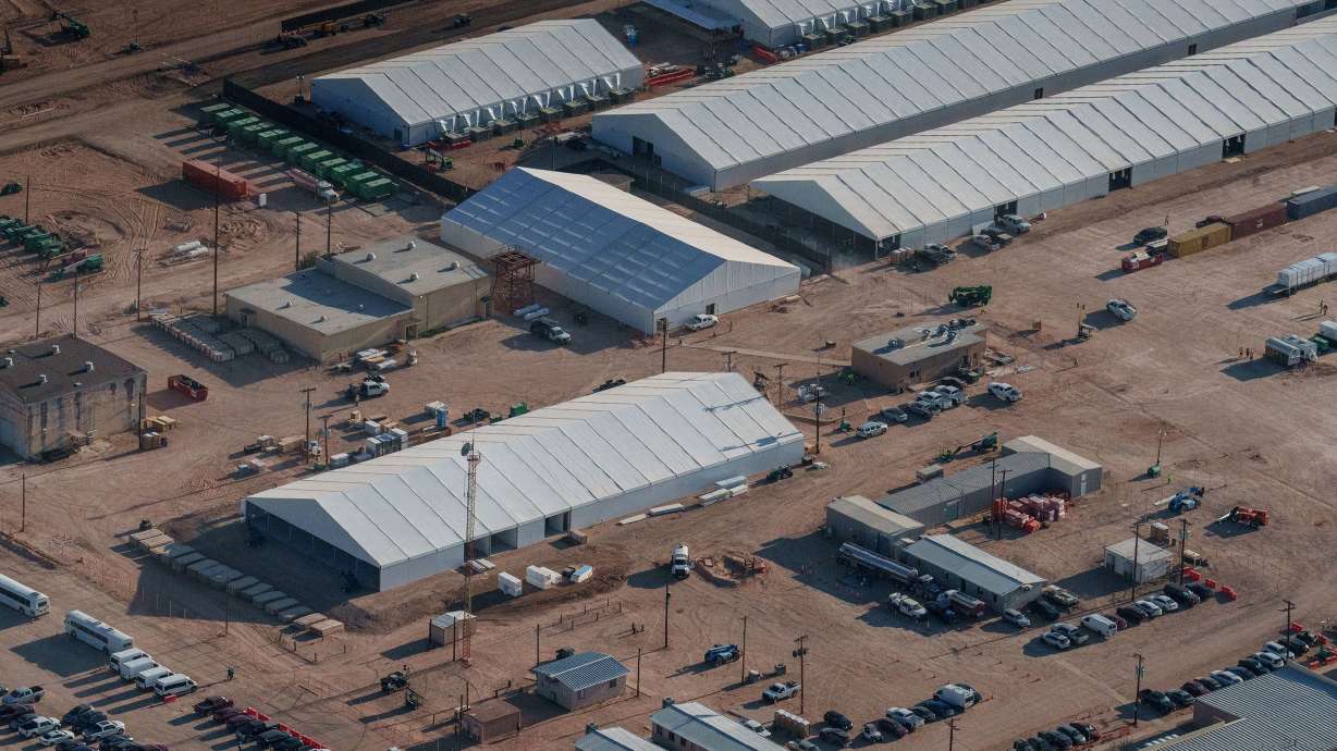 An ICE detention facility being built at Fort Bliss in El Paso, Texas, Aug. 8. The Department of Homeland Security announced Friday they were funneling $10 billion through the Navy to help facilitate quicker construction of similar detention centers.