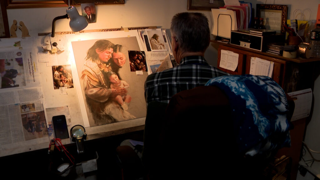 Utah artist J.R. Johansen works on a portrait in his studio in Huntsville.