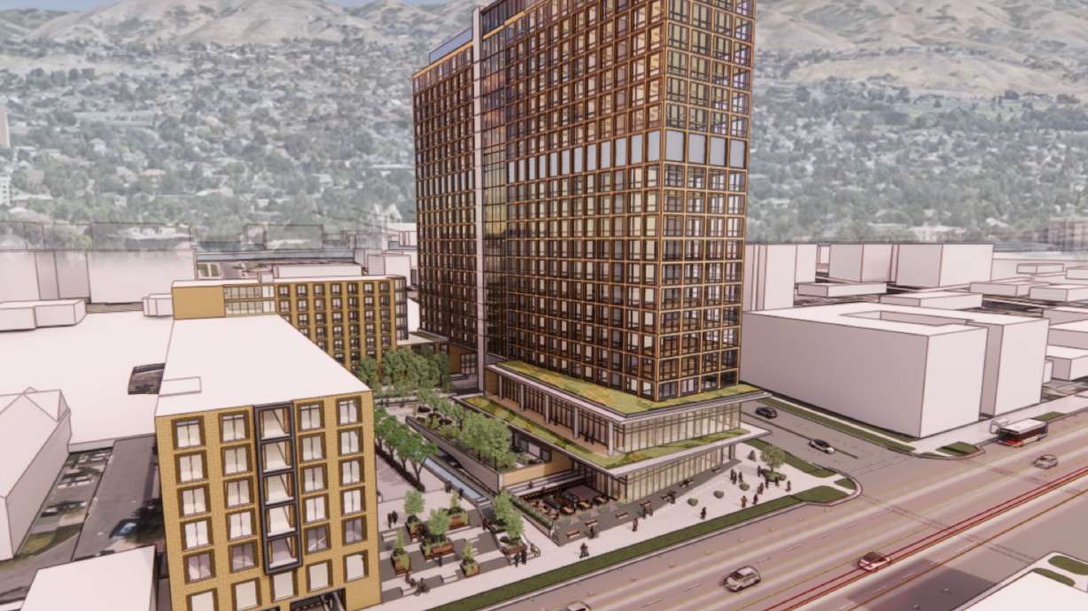 A rendering of a proposed 225-foot mixed-use development next to St. Mark's Cathedral in Salt Lake City. Developers quietly pulled the plan earlier this year after it faced pushback from city leaders, and the land was sold.