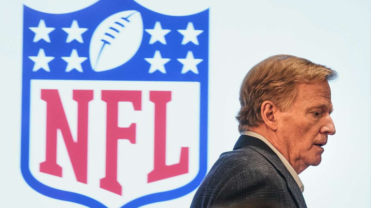 NFL Commissioner Roger Goodell arrives for his news conference at the NFL owners meetings, Wednesday, Oct. 22, 2025, in New York. (AP Photo/Richard Drew