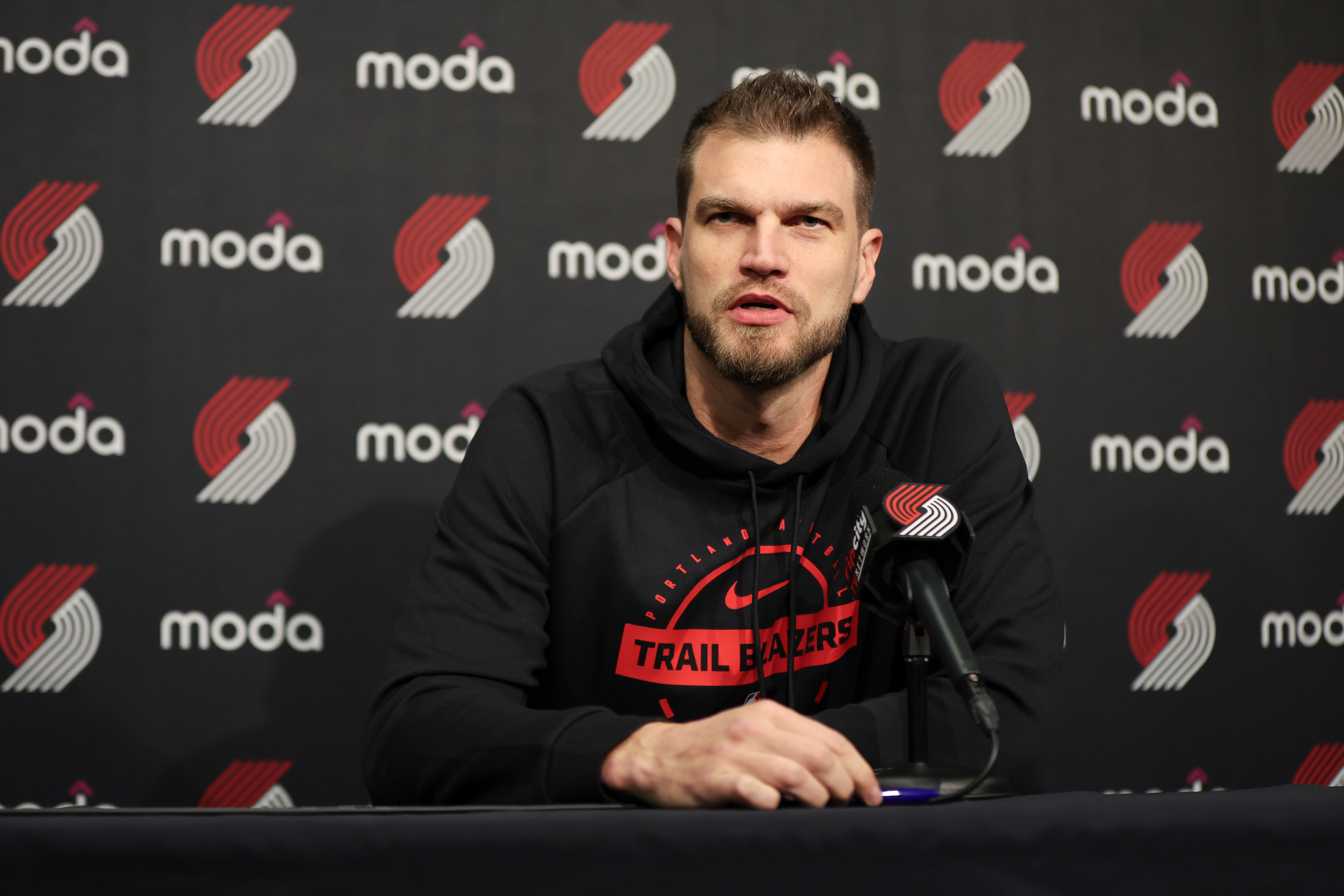 Portland Trail Blazers acting head coach Tiago Splitter speaks during a press conference before an NBA basketball game against the Golden State Warriors, Friday, Oct. 24, 2025, in Portland, Ore. 