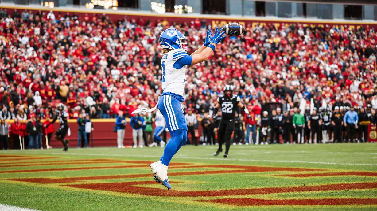 BYU's Parker Kingston hauls in a touchdown catch to end the first half during the Cougars' Big 12 football game at Iowa State, Saturday, Oct. 25, 2025 at Jack Trice Stadium in Ames, Iowa.
