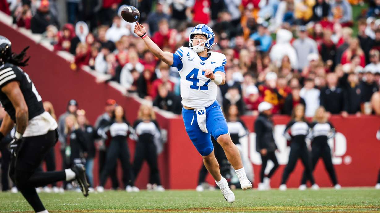 BYU quarterback Bear Bachmeier attempts a pass during a Big 12 football game against Iowa State, Saturday, Oct. 25, 2025 at Jack Trice Stadium in Ames, Iowa.