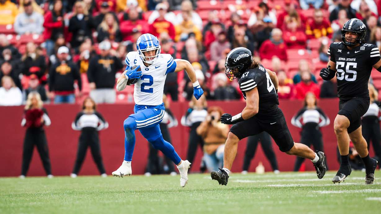 BYY's Chase Roberts catches a pass during the Cougars' Big 12 football game at Iowa State, Saturday, Oct. 25, 2025 at Jack Trice Stadium in Ames, Iowa.