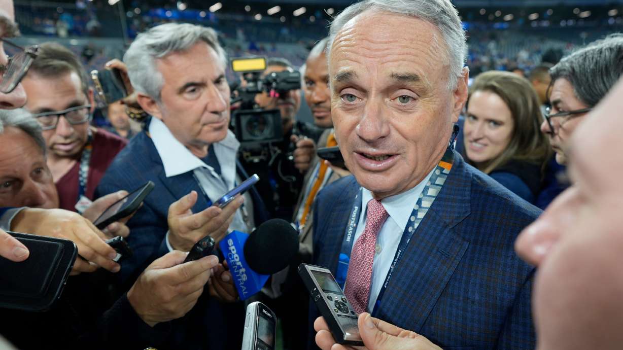 MLB commissioner Rob Manfred speaks prior to Game 2 of baseball's World Series between the Toronto Blue Jays and the Los Angeles Dodgers, Saturday, Oct. 25, 2025, in Toronto.