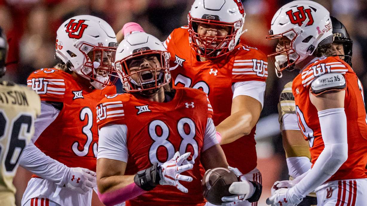 Utah Utes players celebrate during an NCAA football game at Rice-Eccles Stadium against the Colorado Buffaloes in Salt Lake City on Saturday, Oct. 25, 2025.