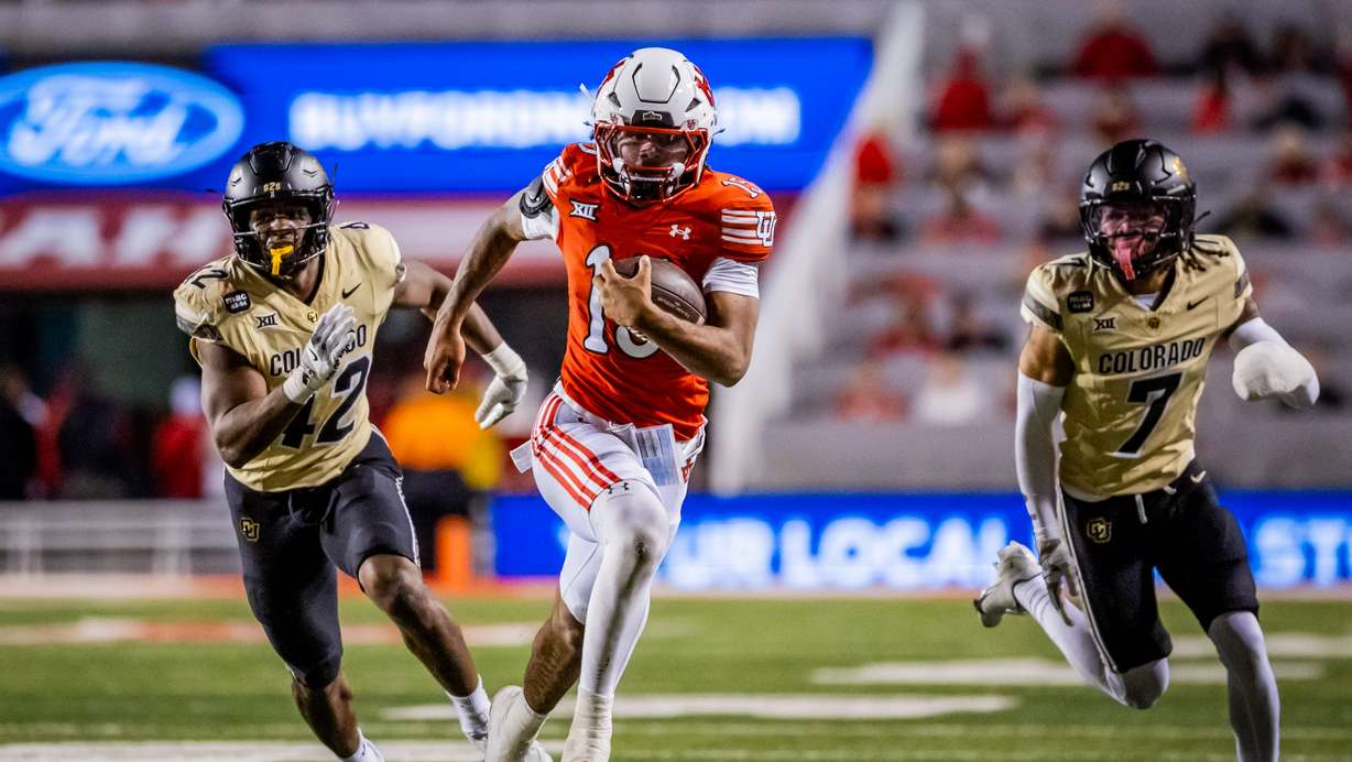 Utah Utes quarterback Byrd Ficklin (15) runs down the field during an NCAA football game against the Colorado Buffaloes at Rice-Eccles Stadium in Salt Lake City on Saturday, Oct. 25, 2025.