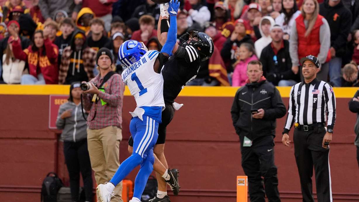 BYU cornerback Therrian Alexander (1) breaks up a pass intended for Iowa State wide receiver Brett Eskildsen on fourth down during the second half of an NCAA college football game, Saturday, Oct. 25, 2025, in Ames, Iowa. BYU won 41-27.