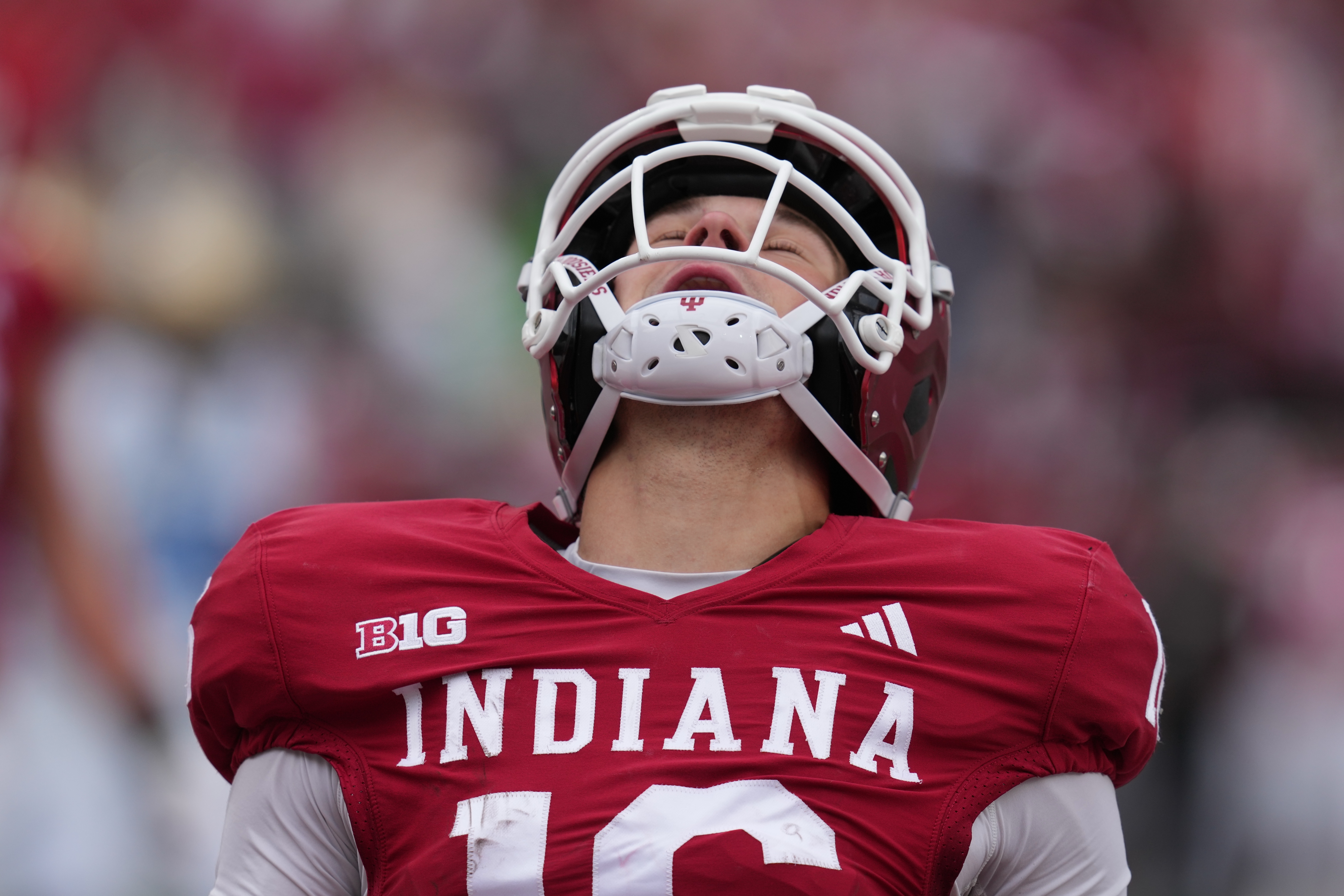 Indiana quarterback Alberto Mendoza (16) reacts after rushing for a touchdown during the second half of an NCAA college football game against UCLA, Saturday, Oct. 25, 2025, in Bloomington, Ind. 
