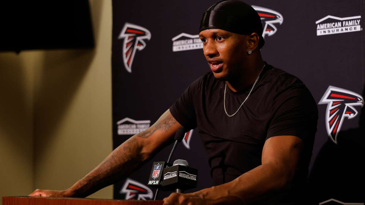 Atlanta Falcons quarterback Michael Penix Jr. speaks to reporters after an NFL football game against the San Francisco 49ers, Sunday, Oct. 19, 2025, in Santa Clara, Calif.