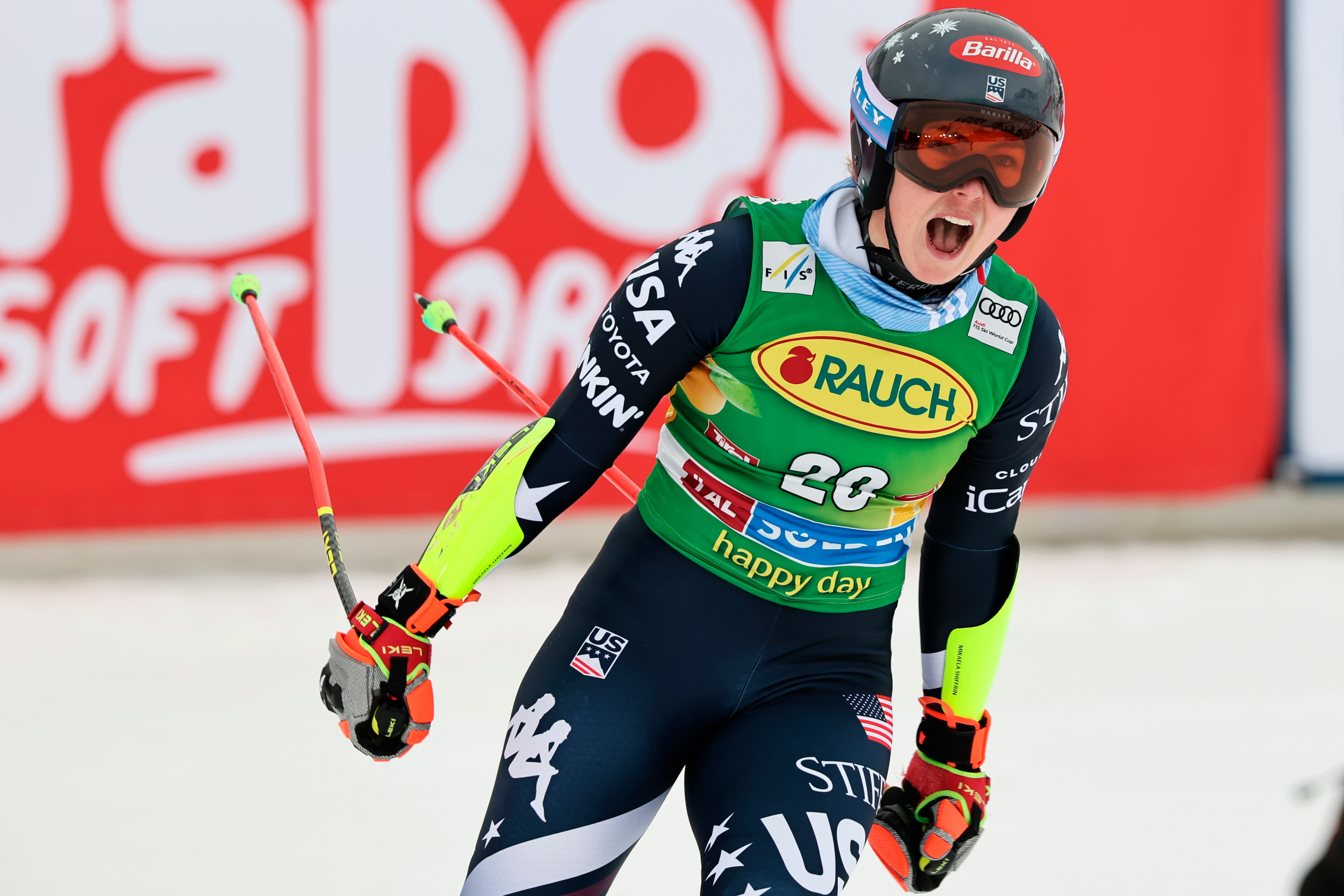 United States' Mikaela Shiffrin celebrates at the finish area of an alpine ski, women's World Cup giant slalom, in Soelden, Austria, Saturday, Oct. 25, 2025. 