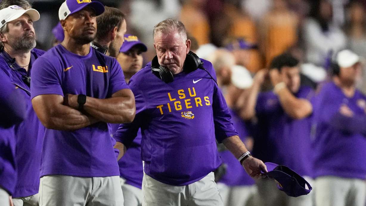 LSU head coach Brian Kelly talks on the sideline in the second half of an NCAA college football game against Texas A&M, Saturday, Oct. 25, 2025 in Baton Rouge, La.