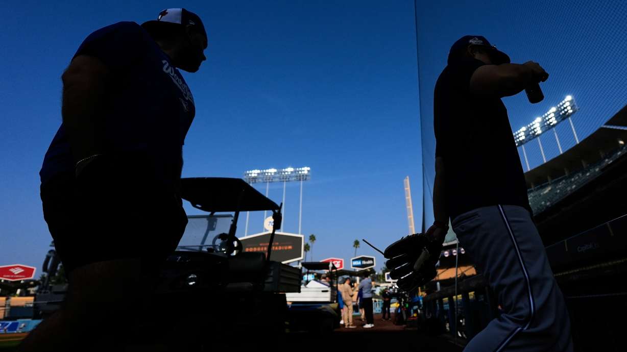 Toronto Blue Jays players work out ahead of Game 3 of the 2025 World Series against the Los Angeles Dodgers in Los Angeles, Sunday, Oct. 26, 2025.