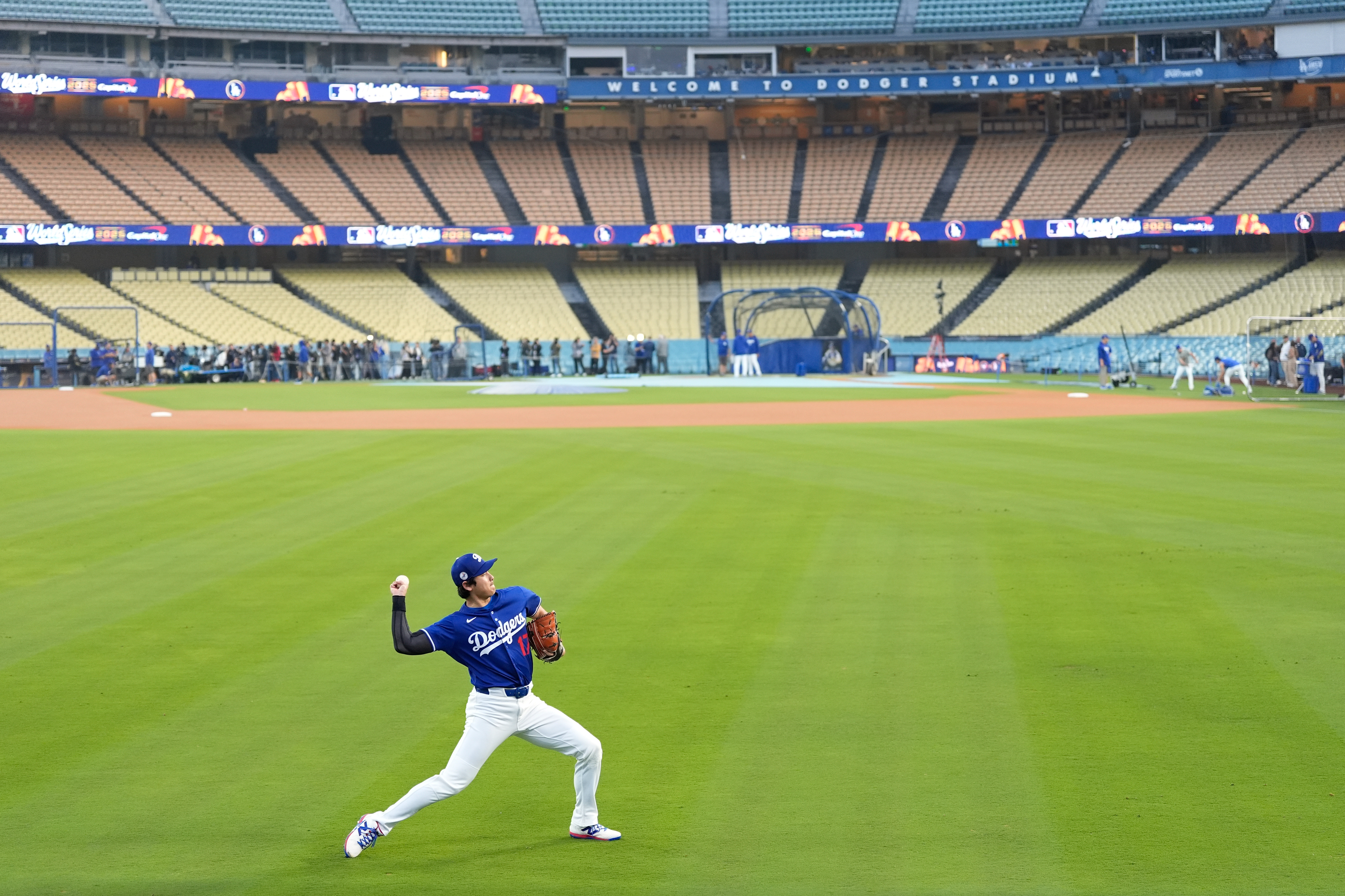 Los Angeles Dodgers' Shohei Ohtani works out ahead of Game 3 of the 2025 World Series against the Toronto Blue Jays in Los Angeles, Sunday, Oct. 26, 2025. 