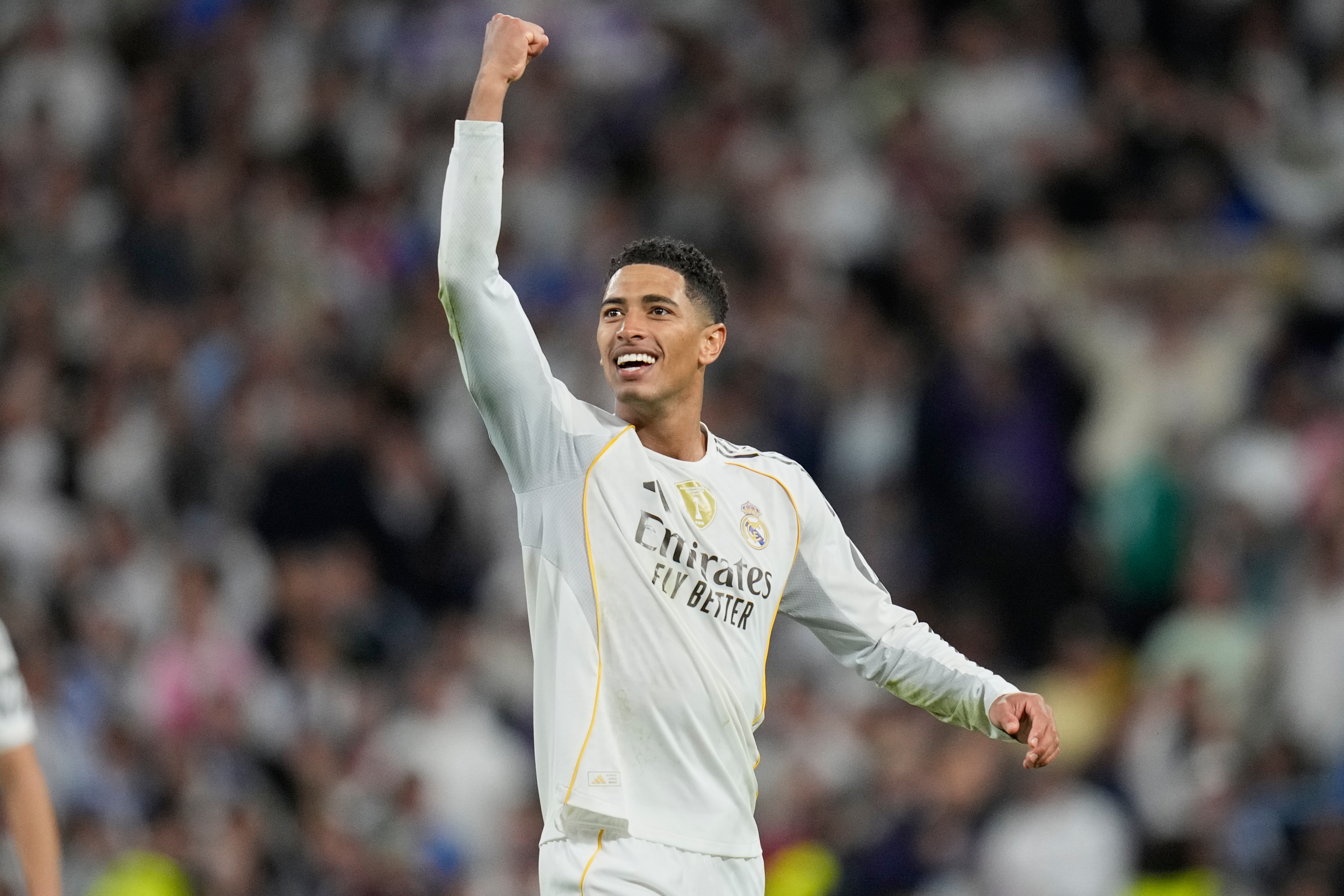 Real Madrid's Jude Bellingham reacts after a La Liga soccer match between Real Madrid and Barcelona in Madrid, Spain, Sunday, Oct. 26, 2025. 