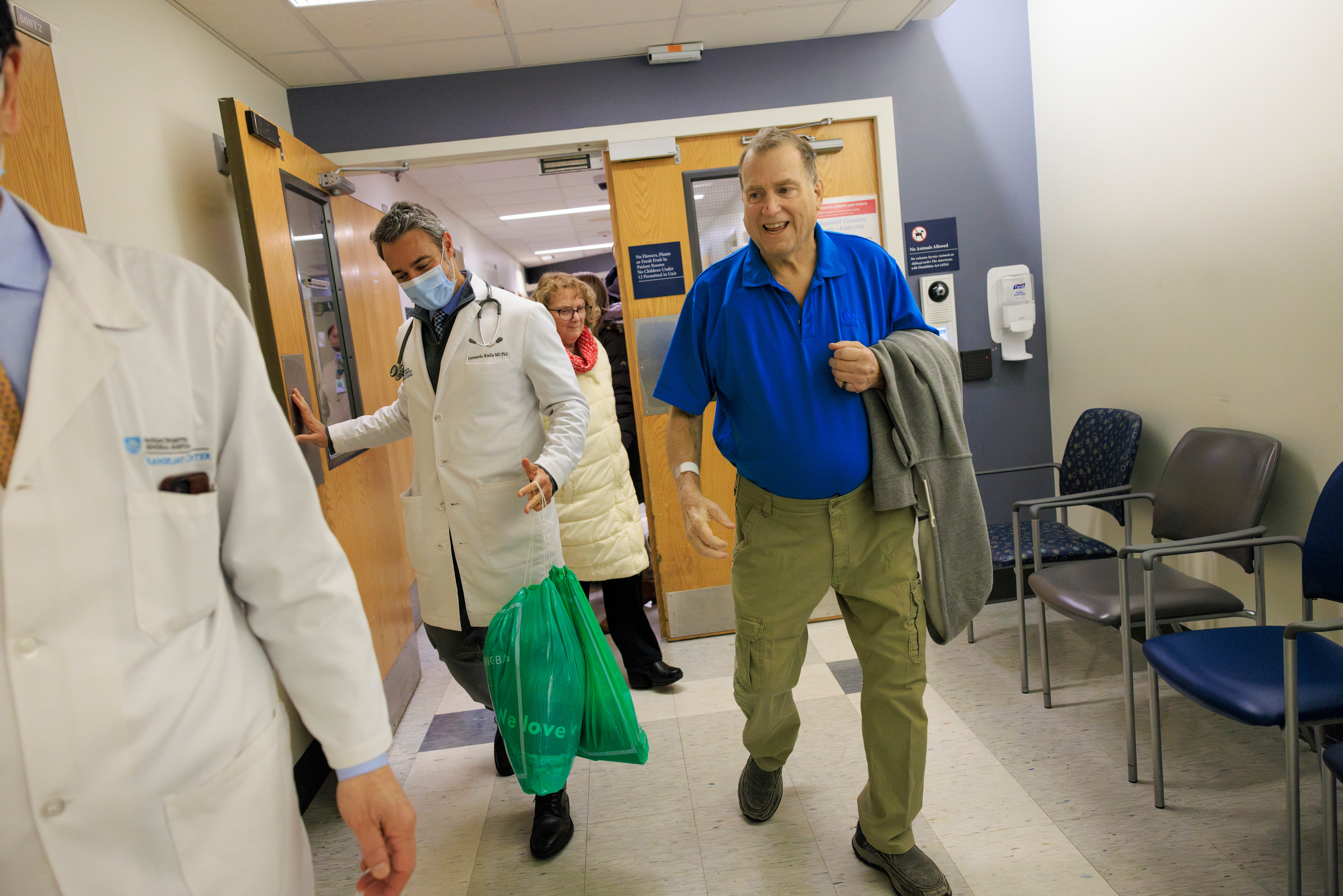 Tim Andrews smiles as he leaves Massachusetts General Hospital in Boston on Feb. 1. The New Hampshire man is resuming dialysis after living with a gene-edited pig kidney for a record 271 days