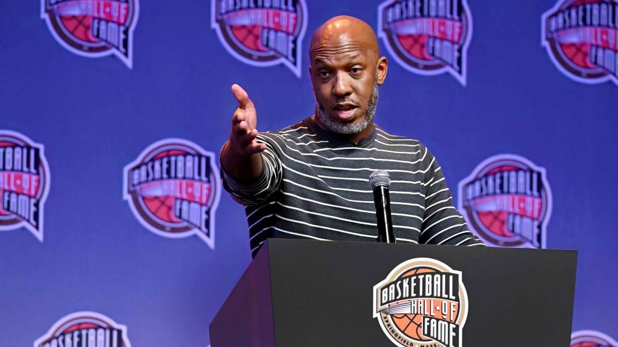 FILE - Basketball Hall of Fame Class of 2024 inductee Chauncey Billups speaks at a hall of fame news conference at Mohegan Sun, Oct. 12, 2024, in Uncasville, Conn.