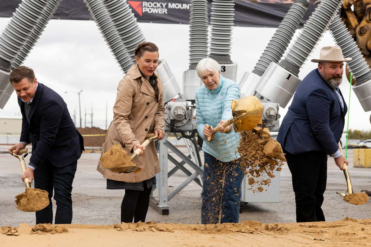 From left, Steve Starks, CEO of the Larry H. Miller Company, Salt Lake City Mayor Erin Mendenhall, Gail Miller and Dick Garlish, president of Rocky Mountain Power, take part in the groundbreaking ceremony for the Power District in Salt Lake City on Monday.