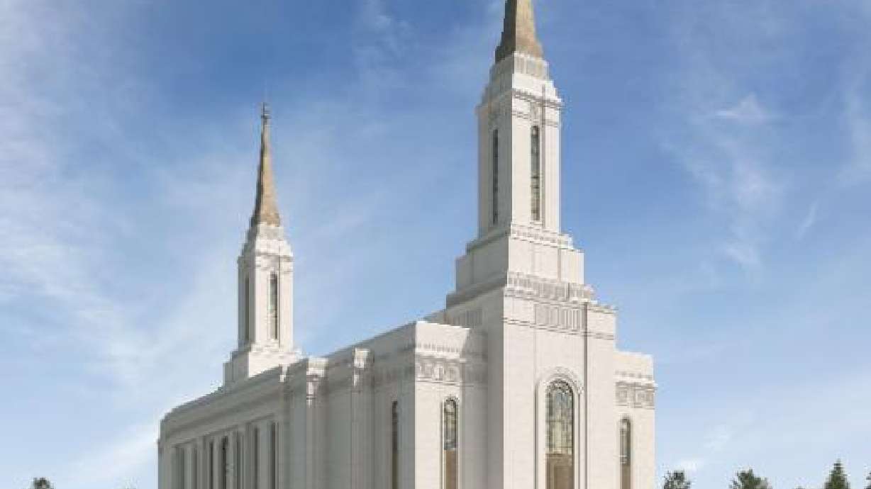 A rendering of the new Lindon Utah temple is shown. The temple is set to open to the public in March 2026.