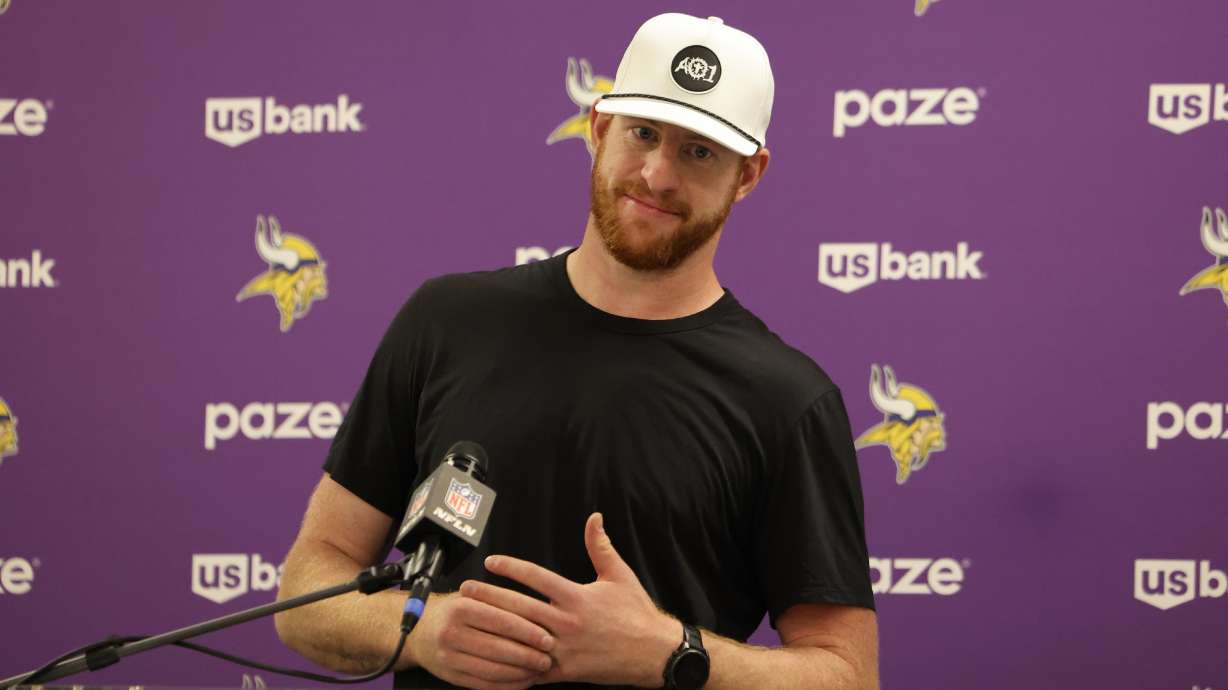 Minnesota Vikings quarterback Carson Wentz answers questions after an NFL football game against the Los Angeles Chargers Thursday, Oct. 23, 2025, in Inglewood, Calif.