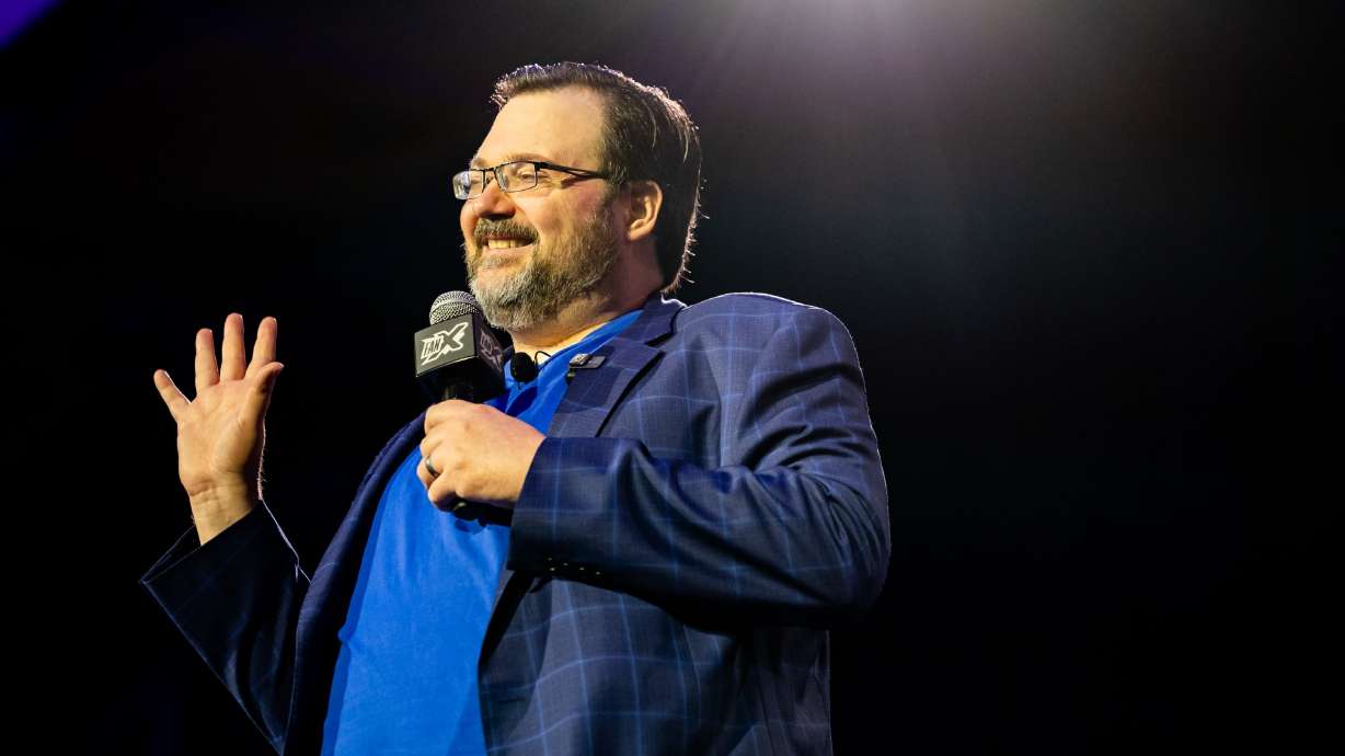 Author Brandon Sanderson speaks at FanX Salt Lake Pop Culture and Comic Convention at the Salt Palace Convention Center in Salt Lake City on Sept. 27, 2025.