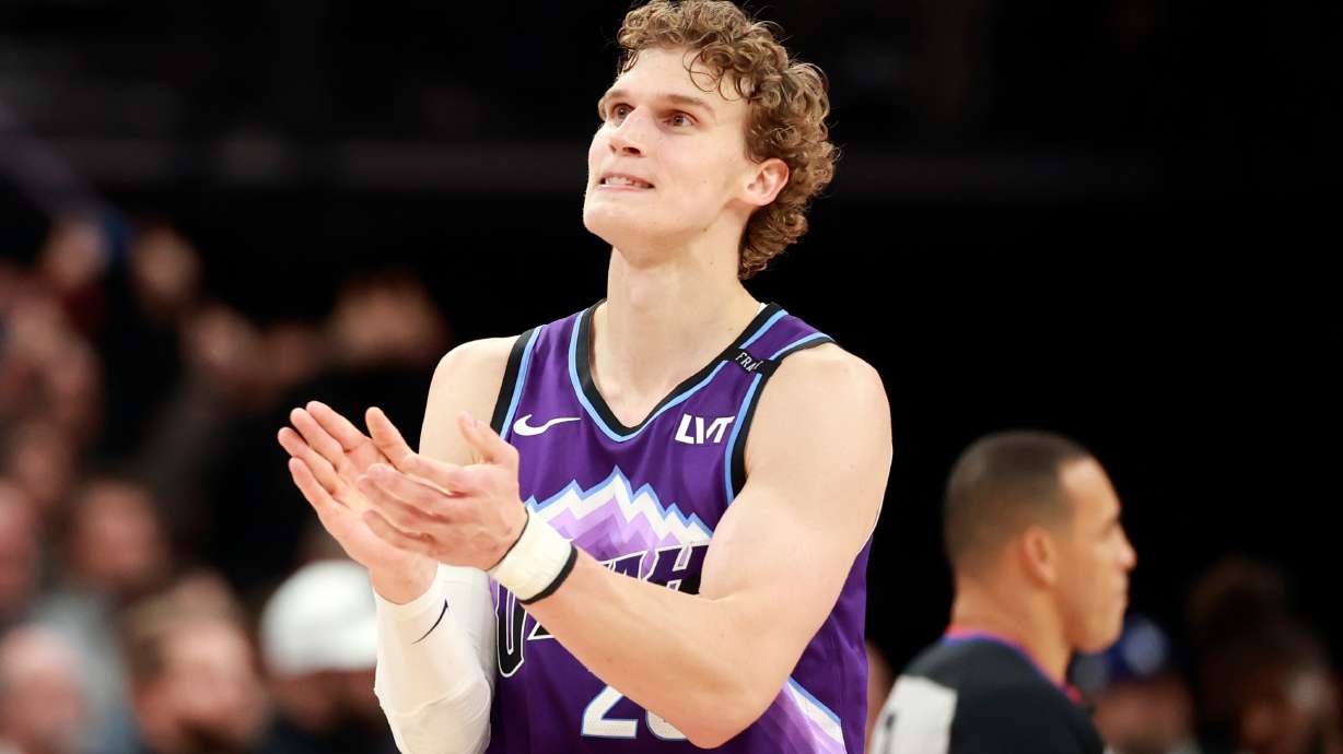 Utah Jazz forward/center Lauri Markkanen (23) reacts to a call as the Utah Jazz play the Phoenix Suns in an NBA game at the Delta Center in Salt Lake City on Monday, Oct. 27, 2025. The Jazz won in overtime 138-134.