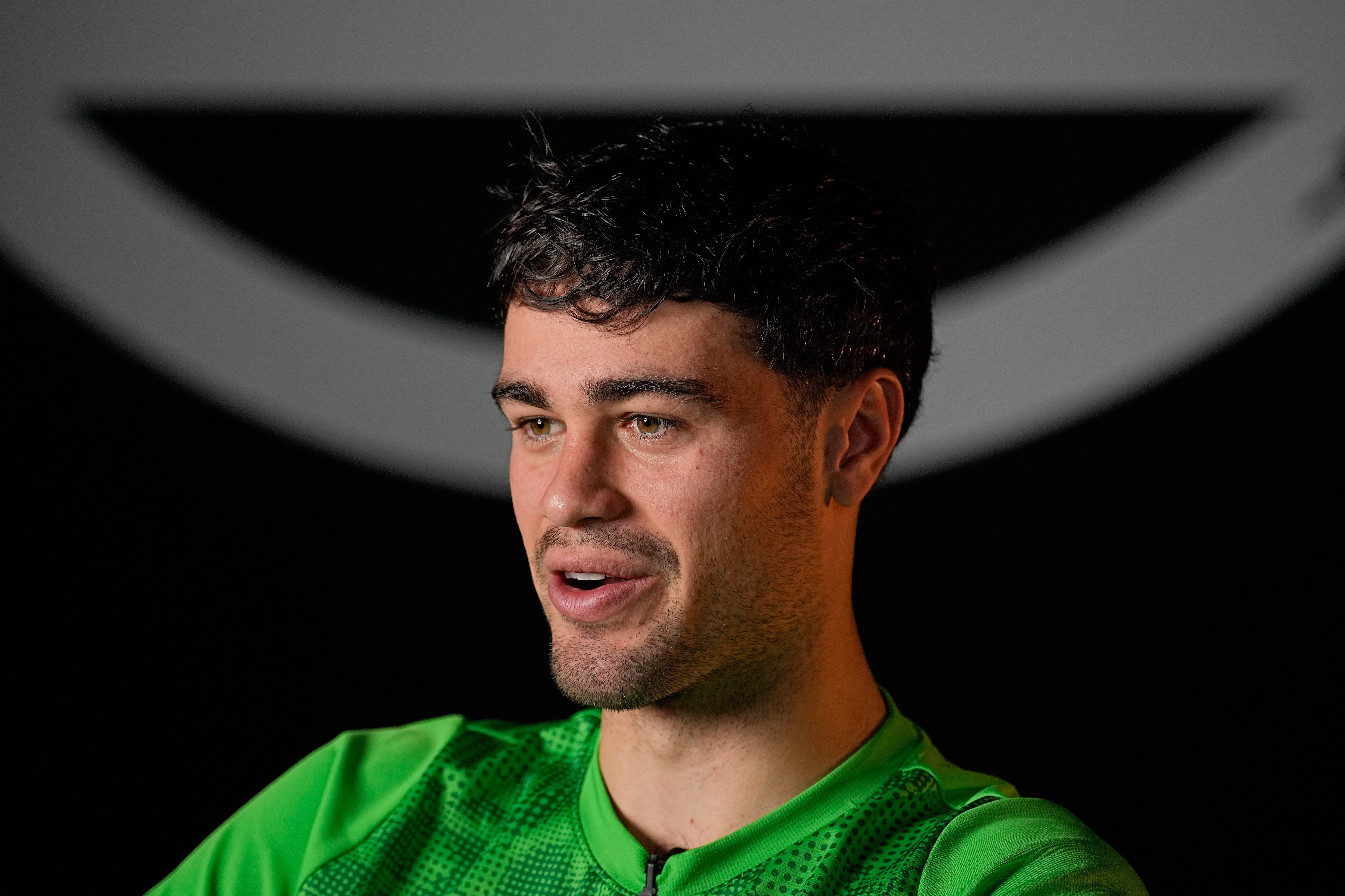 American soccer player Gio Reyna talks during an interview with The Associated Press at the stadium of his Bundesliga club Borussia Moenchengladbach in Moenchengladbach, Germany, Tuesday, Oct. 21, 2025. 