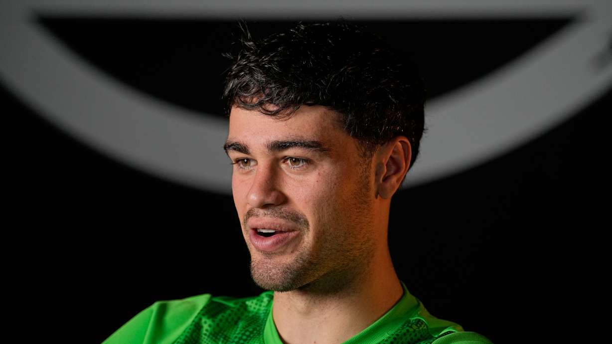 American soccer player Gio Reyna talks during an interview with The Associated Press at the stadium of his Bundesliga club Borussia Moenchengladbach in Moenchengladbach, Germany, Tuesday, Oct. 21, 2025.
