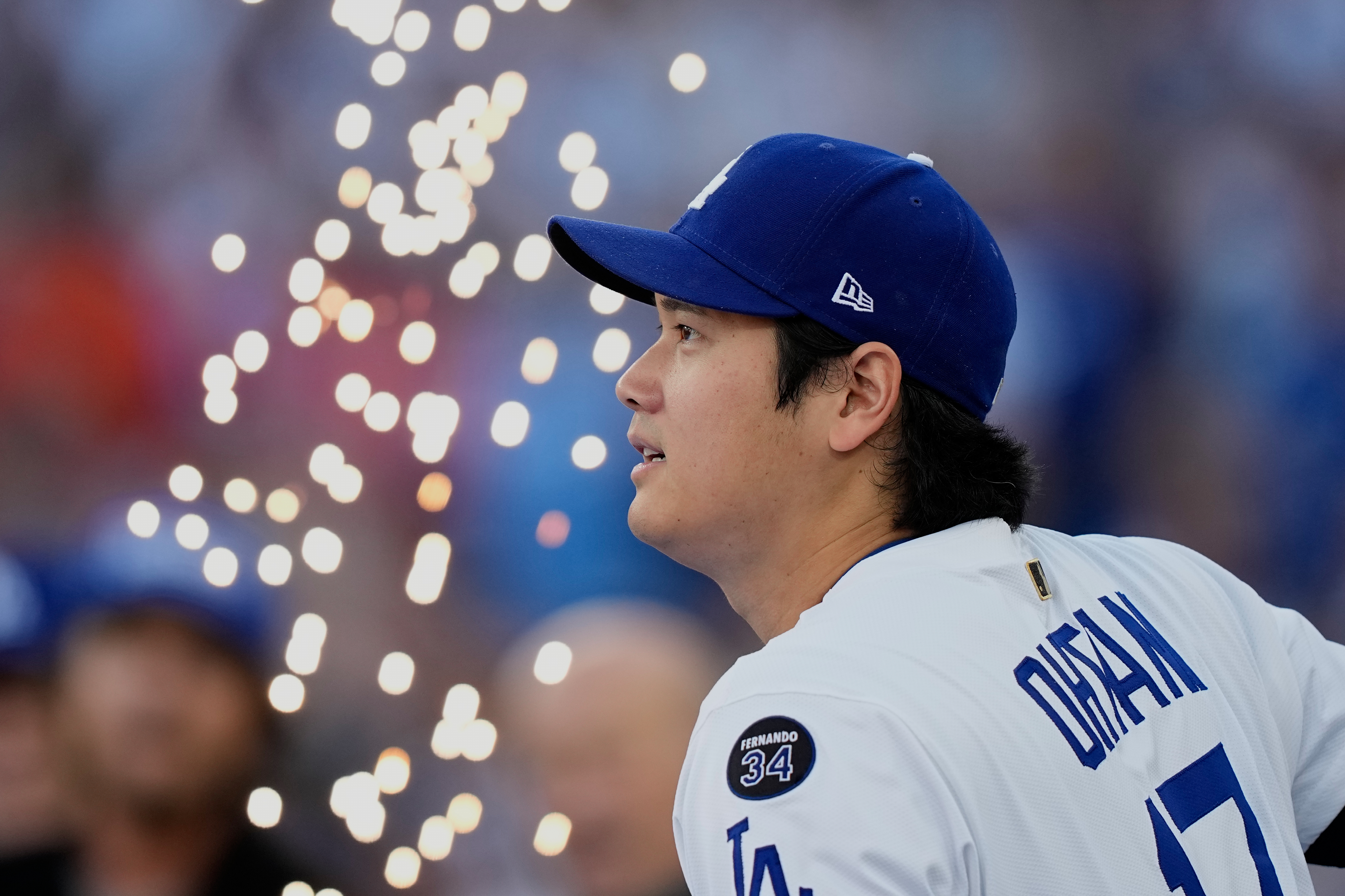 Los Angeles Dodgers' Shohei Ohtani is introduced before Game 3 of baseball's World Series against the Toronto Blue Jays, Monday, Oct. 27, 2025, in Los Angeles.