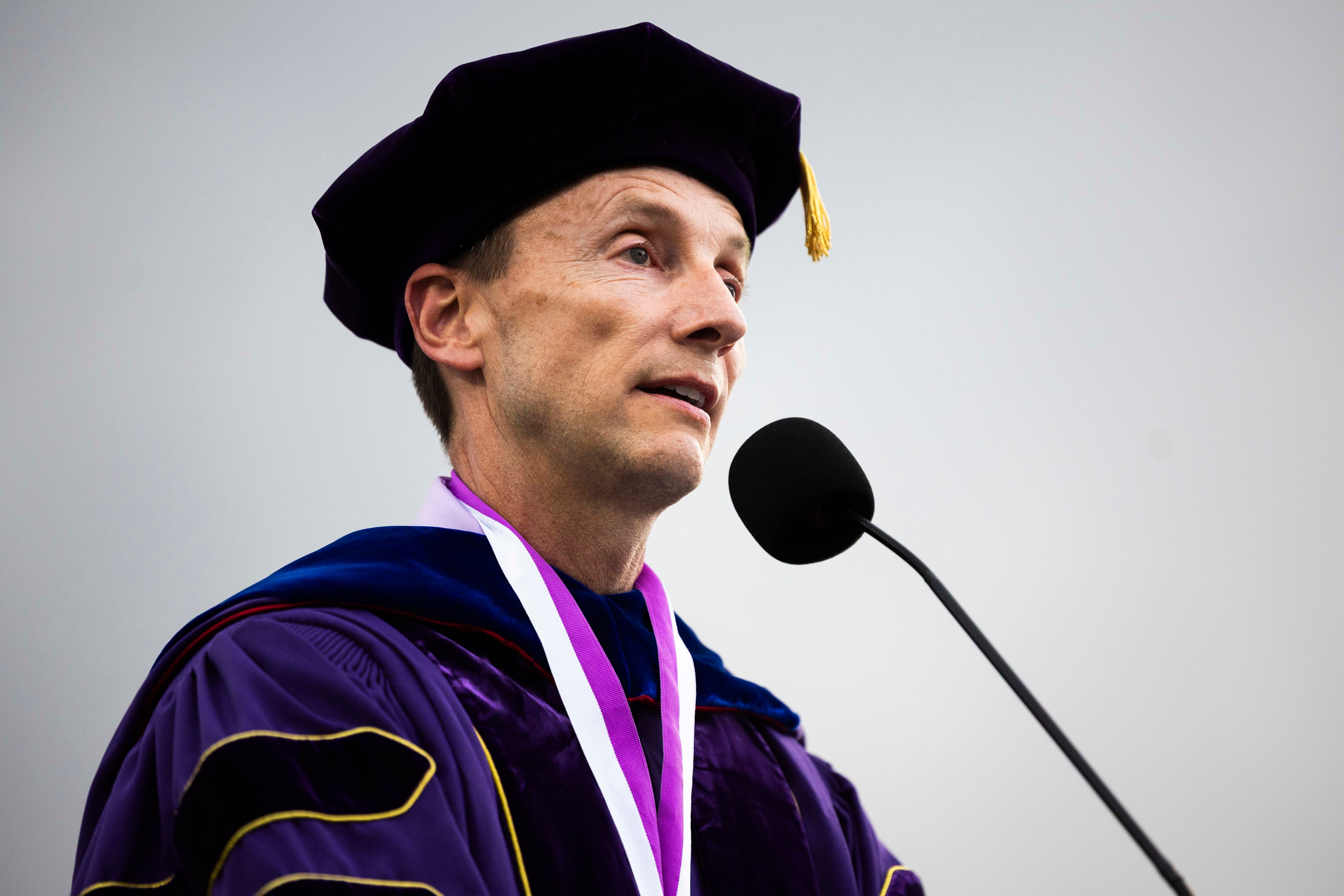 Weber State President Brad L. Mortensen speaks during Weber State’s commencement ceremony at Stewart Stadium in Ogden on April 25.