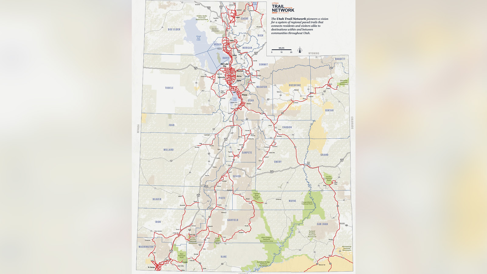 A map of the planned Utah Trail Network that Gov. Spencer Cox announced on Tuesday.