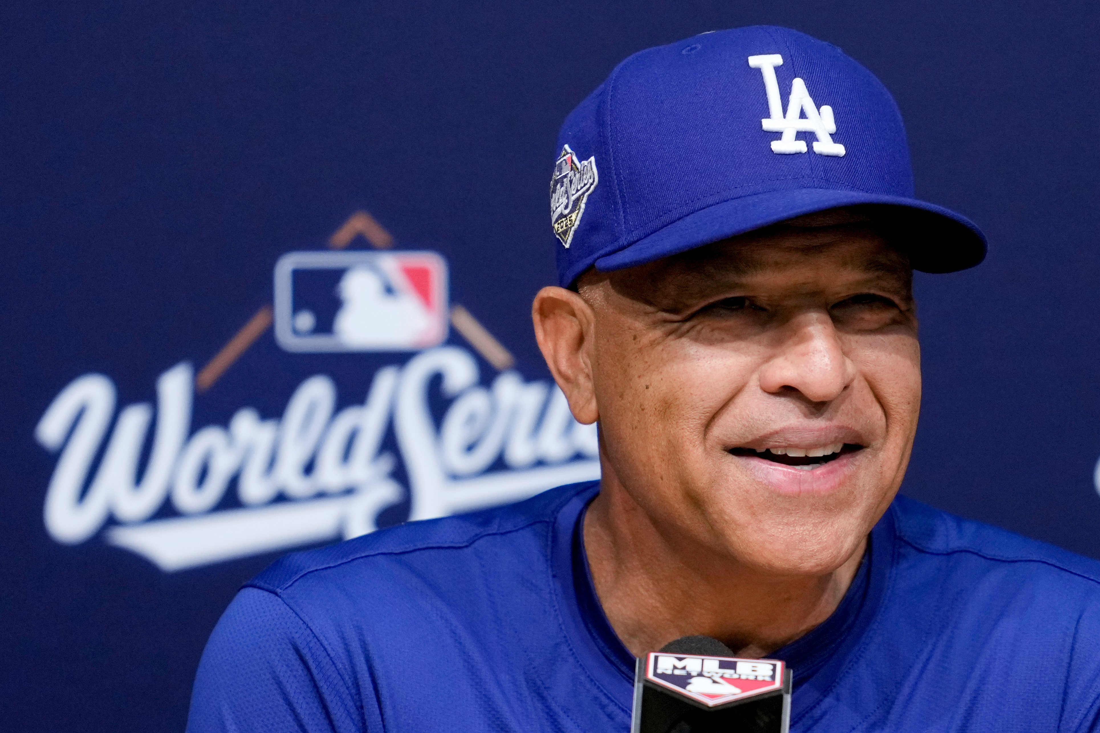 Los Angeles Dodgers manager Dave Roberts speaks prior to Game 4 of baseball's World Series against the Toronto Blue Jays, Tuesday, Oct. 28, 2025, in Los Angeles. 