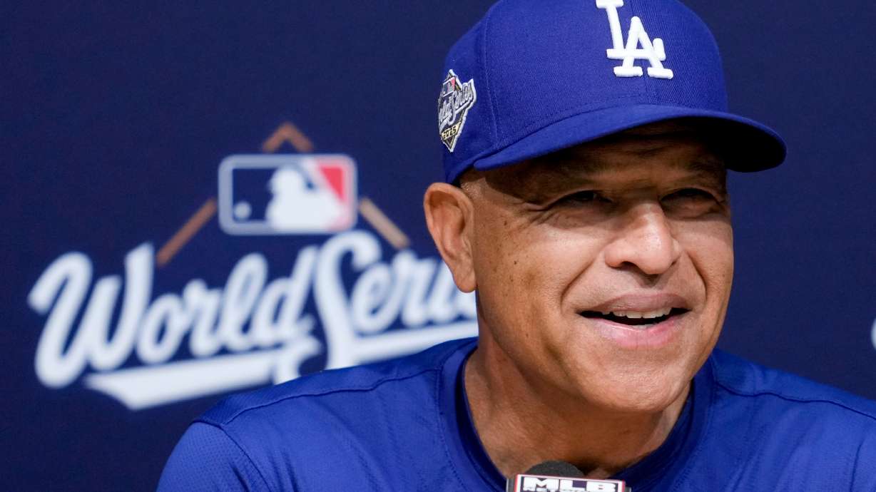 Los Angeles Dodgers manager Dave Roberts speaks prior to Game 4 of baseball's World Series against the Toronto Blue Jays, Tuesday, Oct. 28, 2025, in Los Angeles.