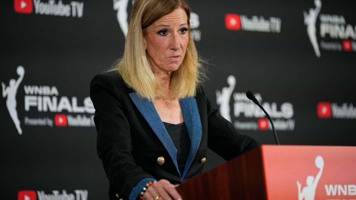 WNBA commissioner Cathy Engelbert speaks prior to Game 1 of a WNBA basketball final playoff series between the Las Vegas Aces and the Phoenix Mercury, Friday, Oct. 3, 2025, in Las Vegas.