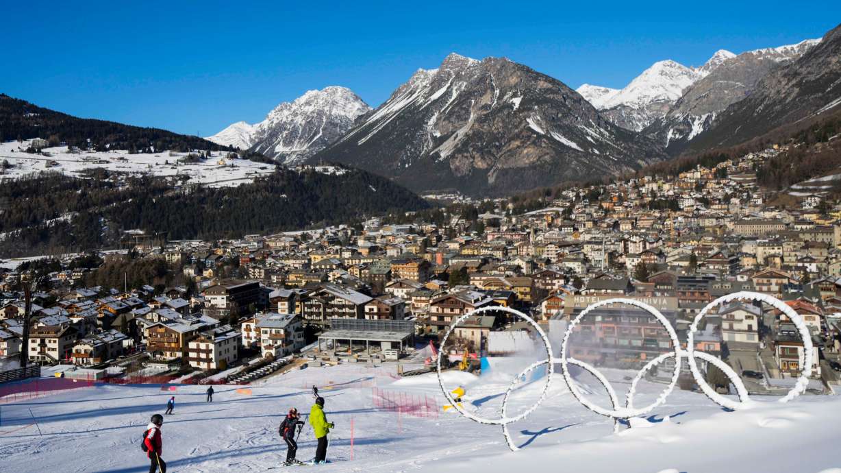 FILE - Olympic rings are seen near a slope of the Stelvio Ski Center, venue for the alpine ski and ski mountaineering disciplines at the Milan Cortina 2026 Winter Olympics, in Bormio, Italy, Thursday, Jan. 16, 2025.