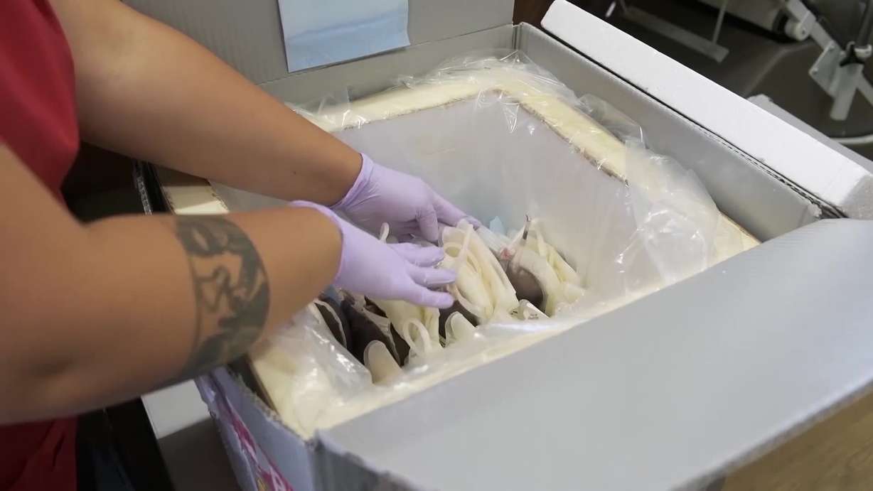 Blood bags are kept near frozen to make sure they stay fresh, Tuesday, in West Valley. West Valley City firefighters are now prepared to give blood transfusions on scene.