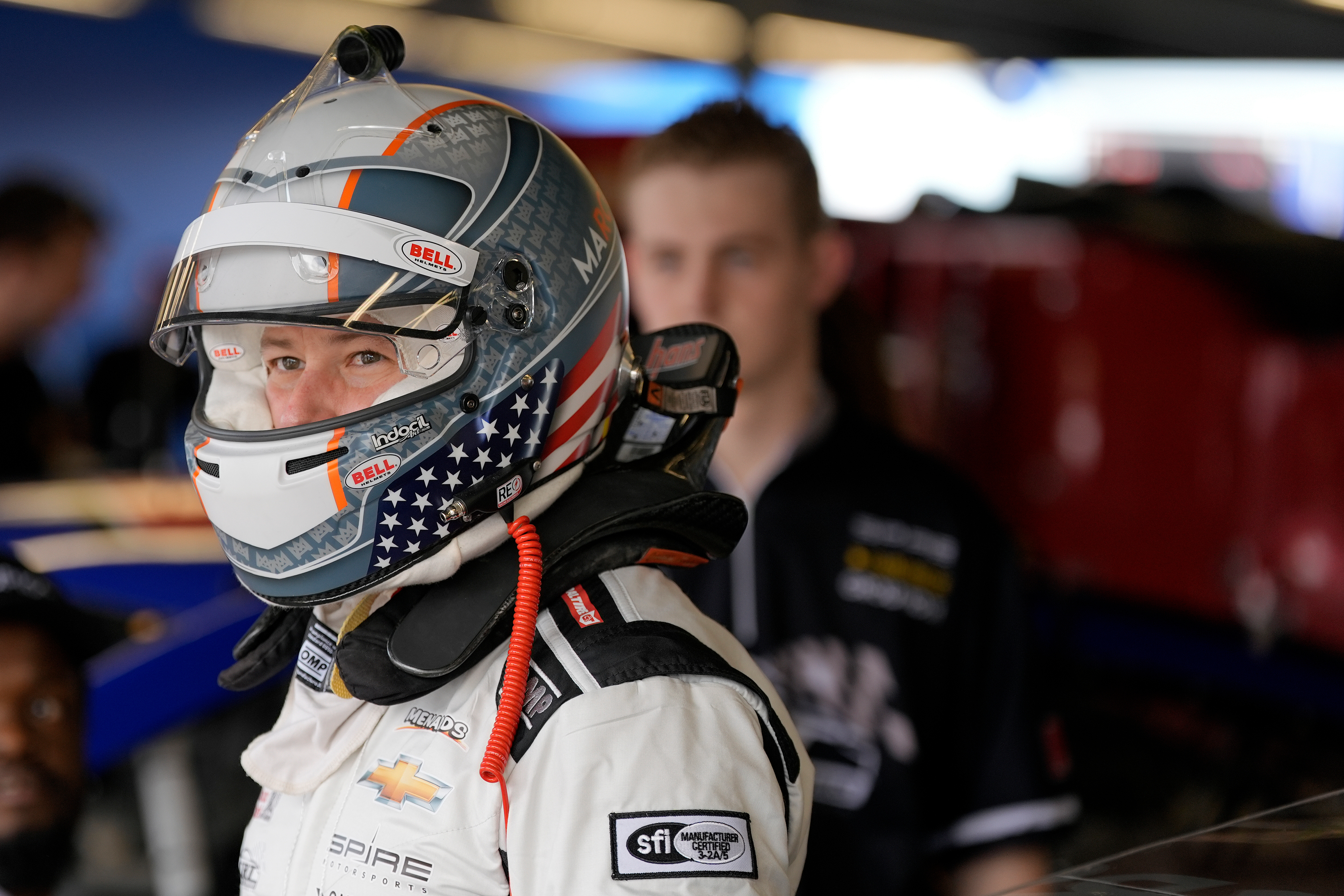 FILE - ARCA driver Marco Andretti looks out of the garage before a practice run for an ARCA Mendards Series auto race Thursday, Feb. 15, 2024, at Daytona International Speedway in Daytona Beach, Fla.