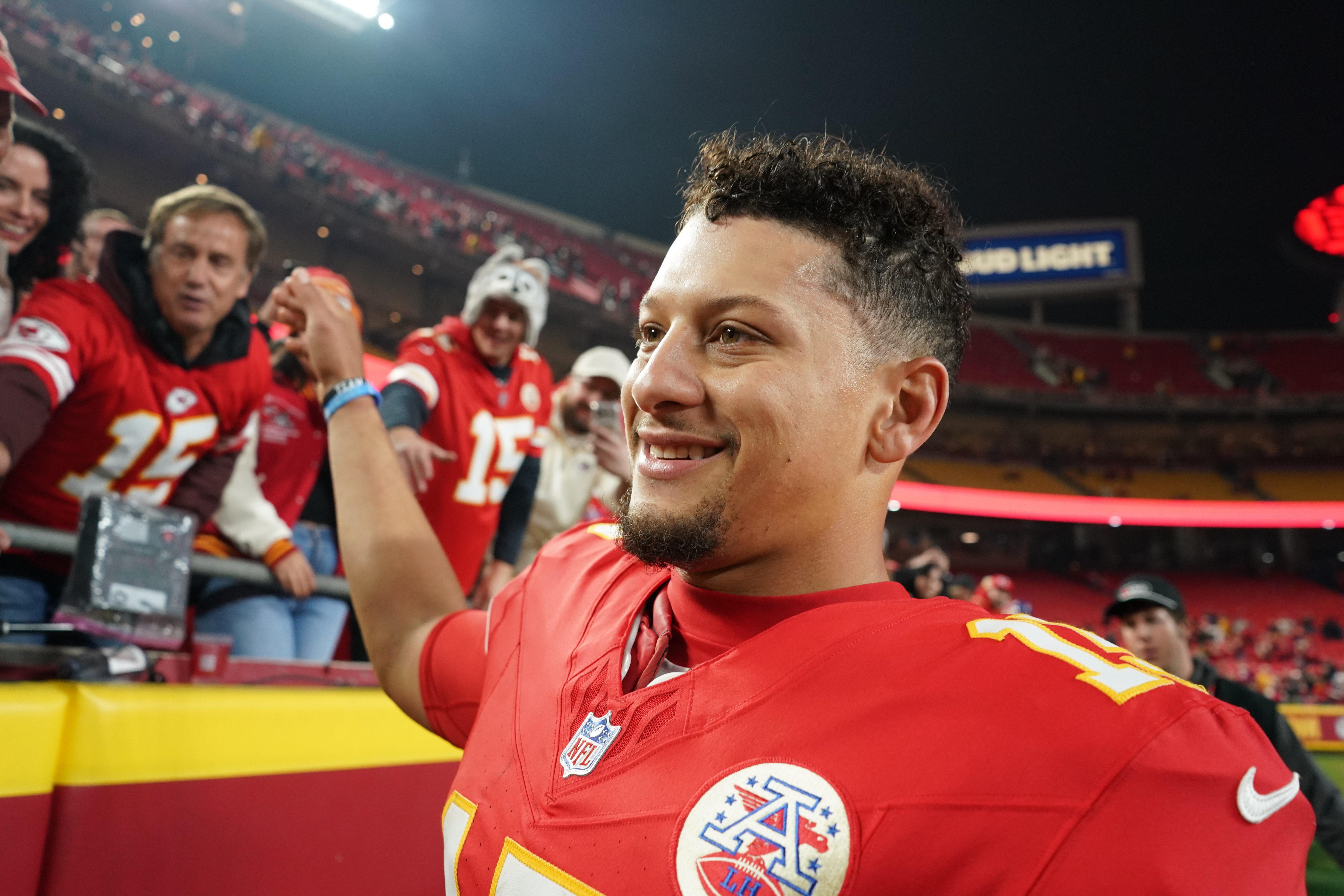 Kansas City Chiefs quarterback Patrick Mahomes smiles following an NFL football game against the Washington Commanders Monday, Oct. 27, 2025, in Kansas City, Mo. 
