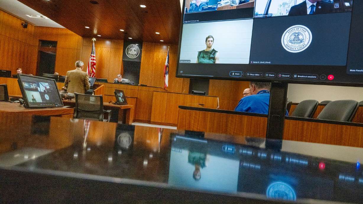 Tyler Robinson, the suspect in the shooting death of Charlie Kirk, appears virtually before 4th District Court Judge Tony Graf on Sept. 16. A group has asked the judge to keep the trial open to the public and the press.