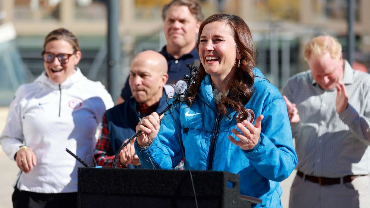 Salt Lake City Mayor Erin Mendenhall speaks during a press conference to announce a public watch party for the Milan-Cortina 2026 Winter Olympic and Paralympic Games at Library Square in Salt Lake City on Wednesday.