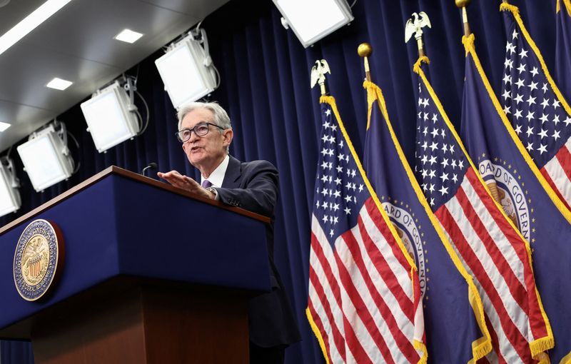 Federal Reserve Chair Jerome Powell holds a press conference in Washington, Wednesday. Powell said policymakers will be more cautious if jobs data continues to be absent in gauging future rate cuts.